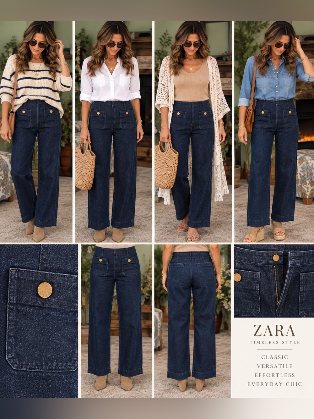 Zara Dark Blue Wide Leg High-Rise Jeans